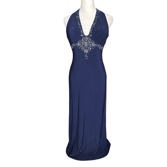 De Laru Navy Evening Long Dress Halter Beaded Baby Doll Sz 3/4 Y2K Style - Picture 1 of 16